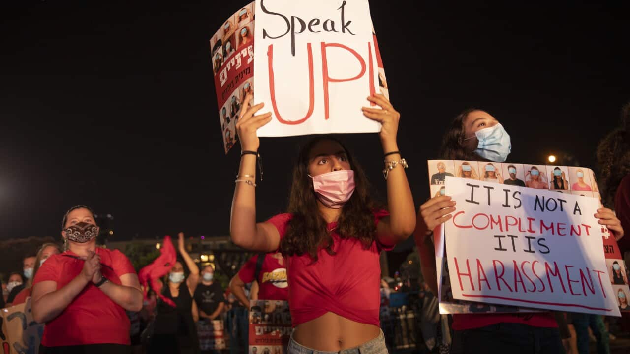 Hundreds of Israelis protest in Tel Aviv, Israel, following the alleged gang rape of a 16-year-old Israeli girl. 