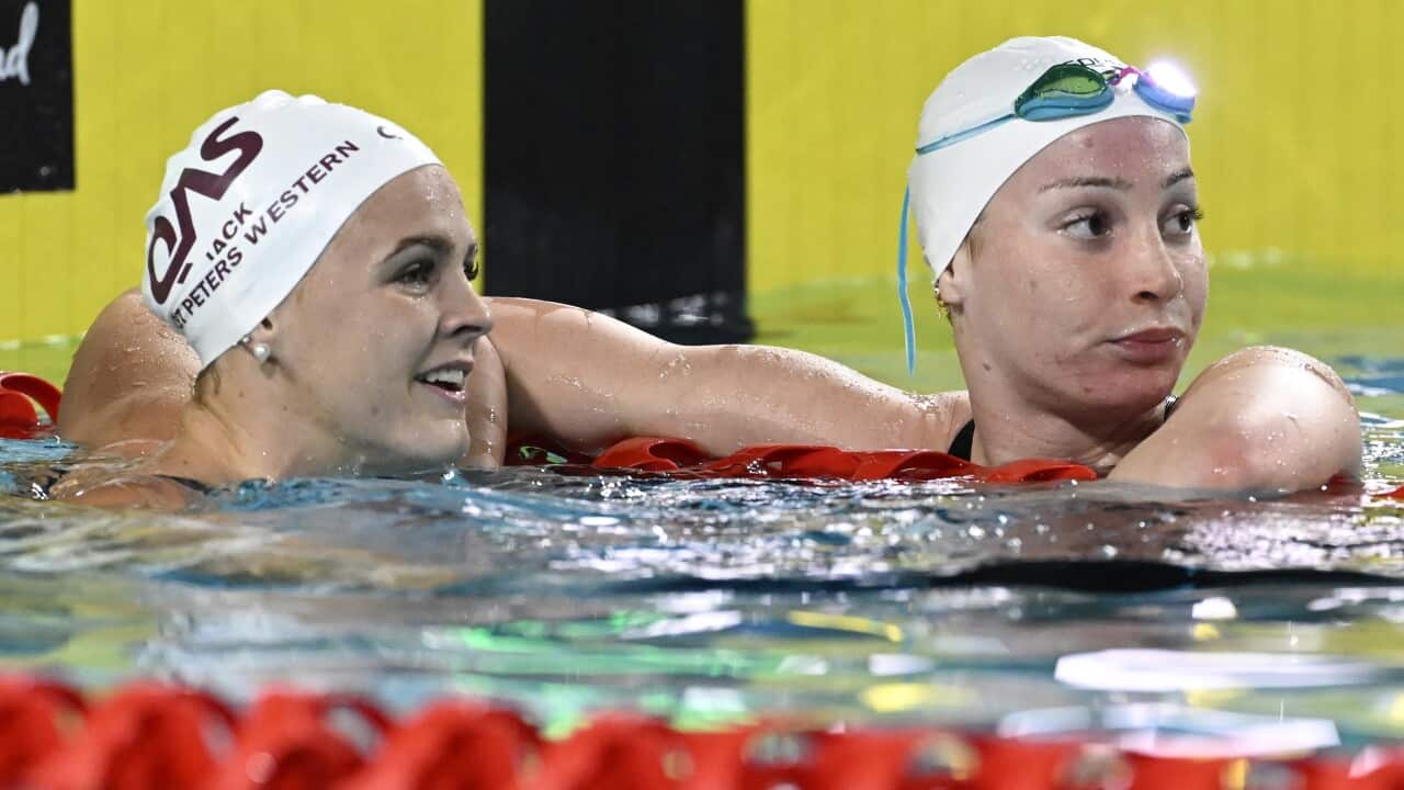 Shayna Jack (left) and Mollie O’Callaghan at the 2024 Australian Swimming Trials in Brisbane (AAP)