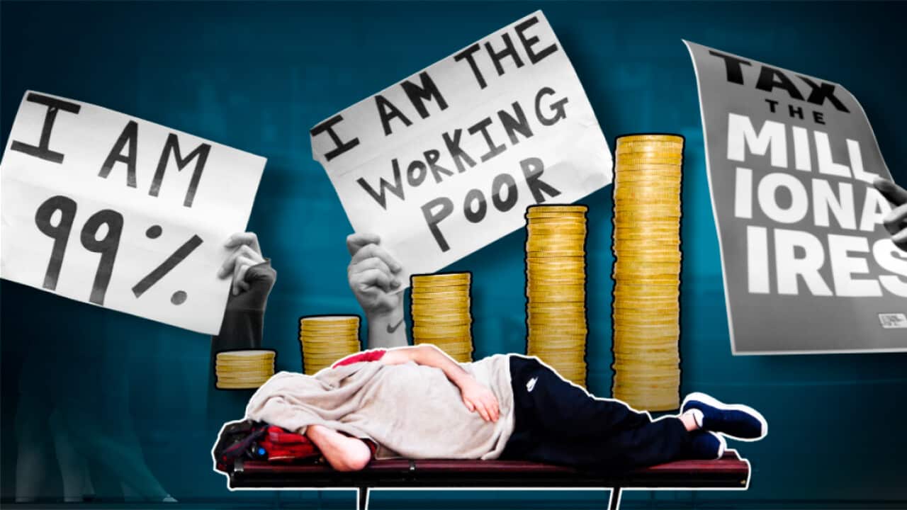 A graphic with a homeless person in front of protest signs about wealth inequality