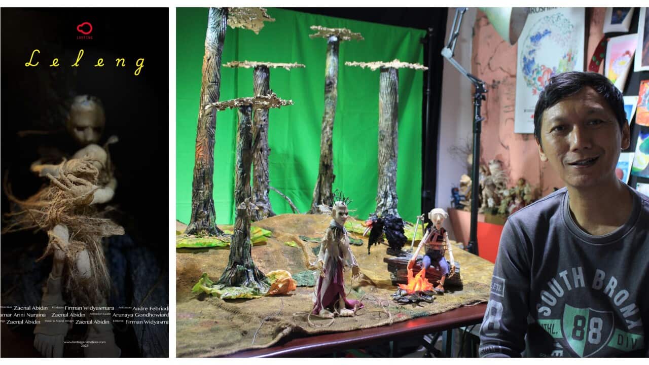 Photo 1: Official poster of Leleng. Photo 2: Zainal Abidin, the director and the animation props.  Credit: Lanting Animation production house.
