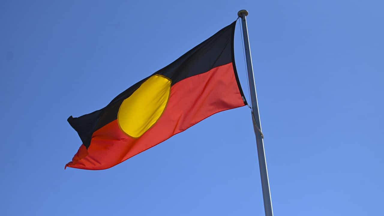 An Aboriginal flag flying from a flag pole.