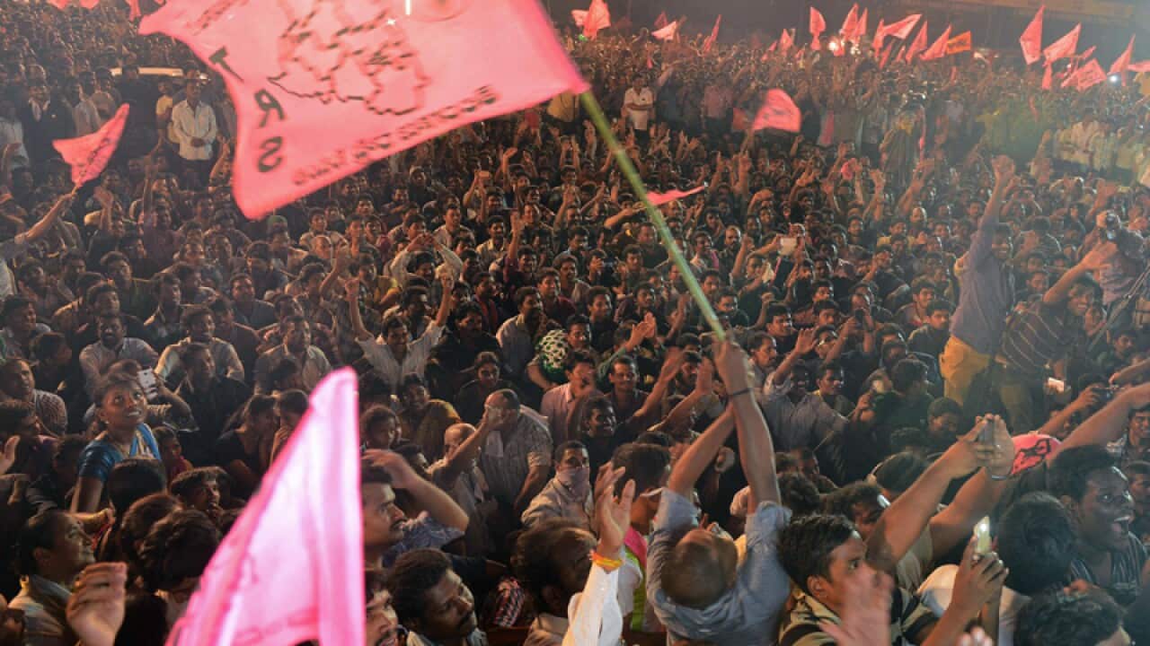 Indian supporters of Telangana celebrate India's 29th state, Telangana