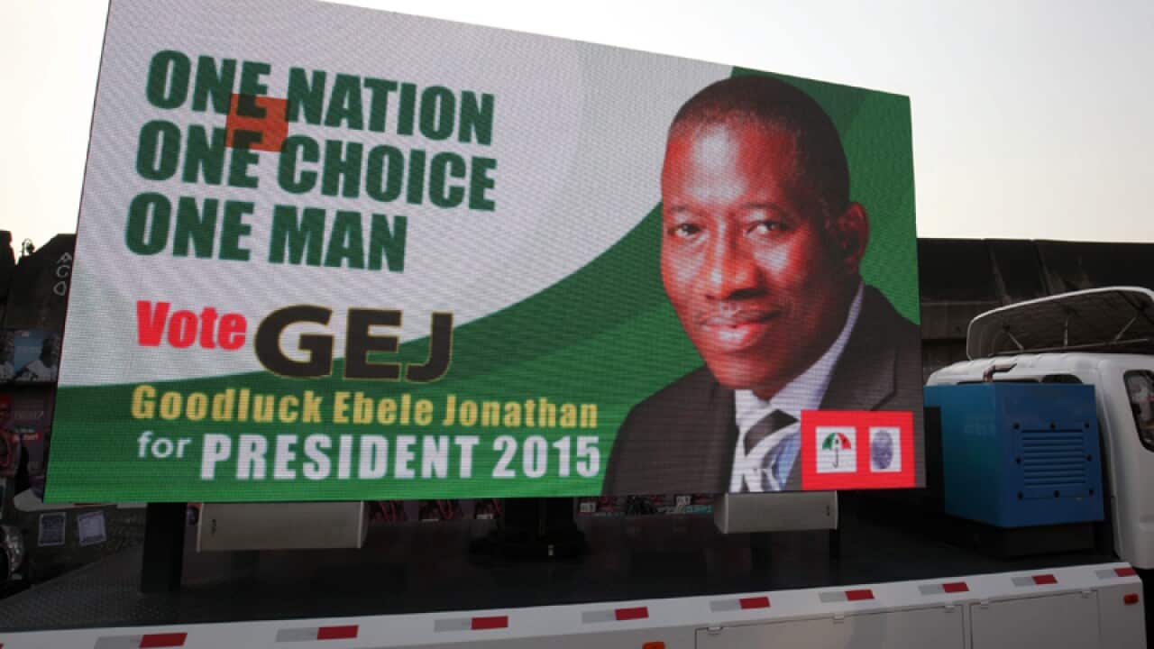 A campaign poster for Nigerian president Goodluck Jonathan