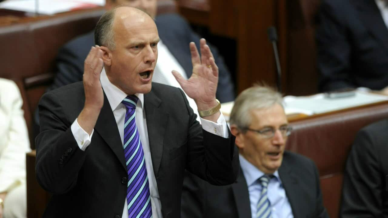 An animated Eric Abetz speaking during the carbon pollution reduction scheme (CPRS)  debate in the Senate chamber at Parliament House in Canberra, 2009. (AAP)