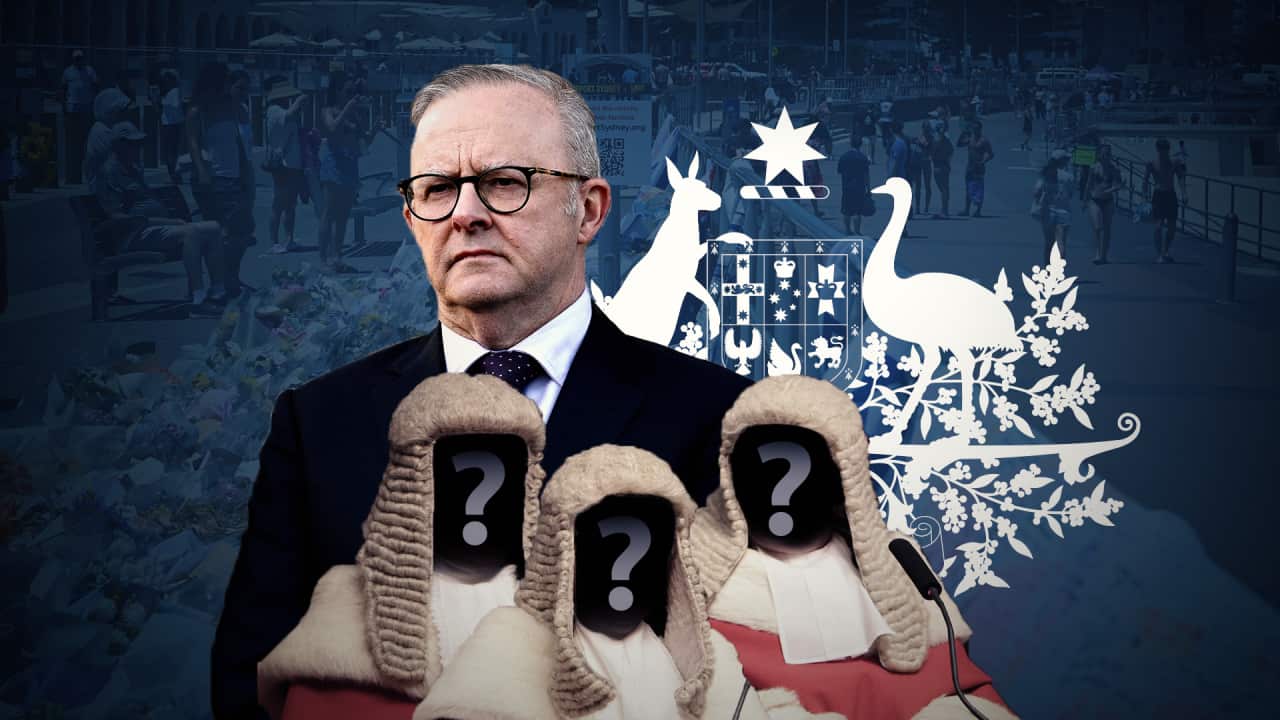 The prime minister, with three judges outlined in front of him, with question marks over their faces.