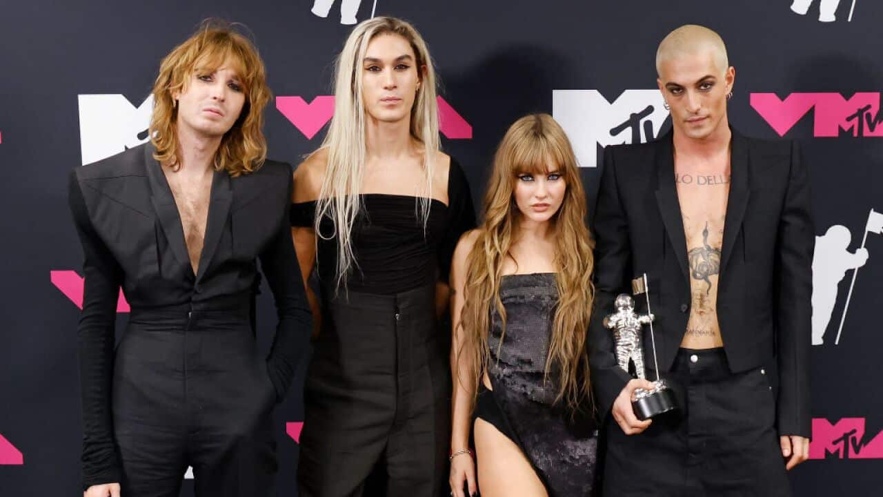 Thomas Raggi, Ethan Torchio, Victoria De Angelis, and Damiano David of Maneskin at the 2023 MTV Video Music Awards on September 12, 2023 in Newark, New Jersey.