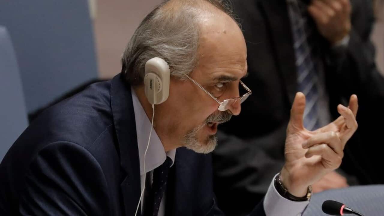 Syrian Ambassador to the United Nations Bashar al-Ja'afari speaks at a Security Council meeting at UN headquarters in New York. AAP.