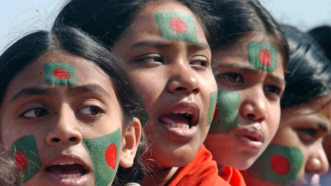 Bangladeshi schoolgirls, faces painted with colors of the national flag (Image representational).