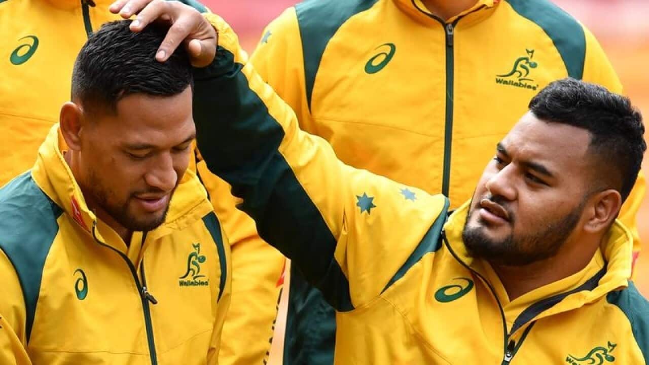 Israel Folau and Taniela Tupou at Wallabies team photograph session.