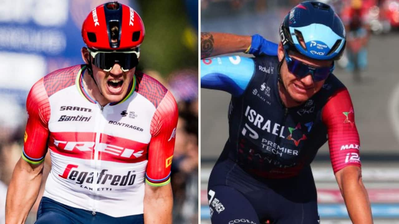 Mads Pedersen (L) won Stage 6 of the Giro d'Italia to the frustration of Simon Clarke