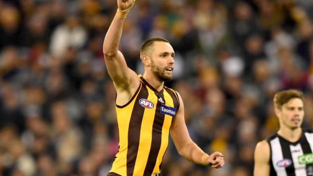 A file image of Hawthorn AFL player Jack Gunston celebrating a goal.
