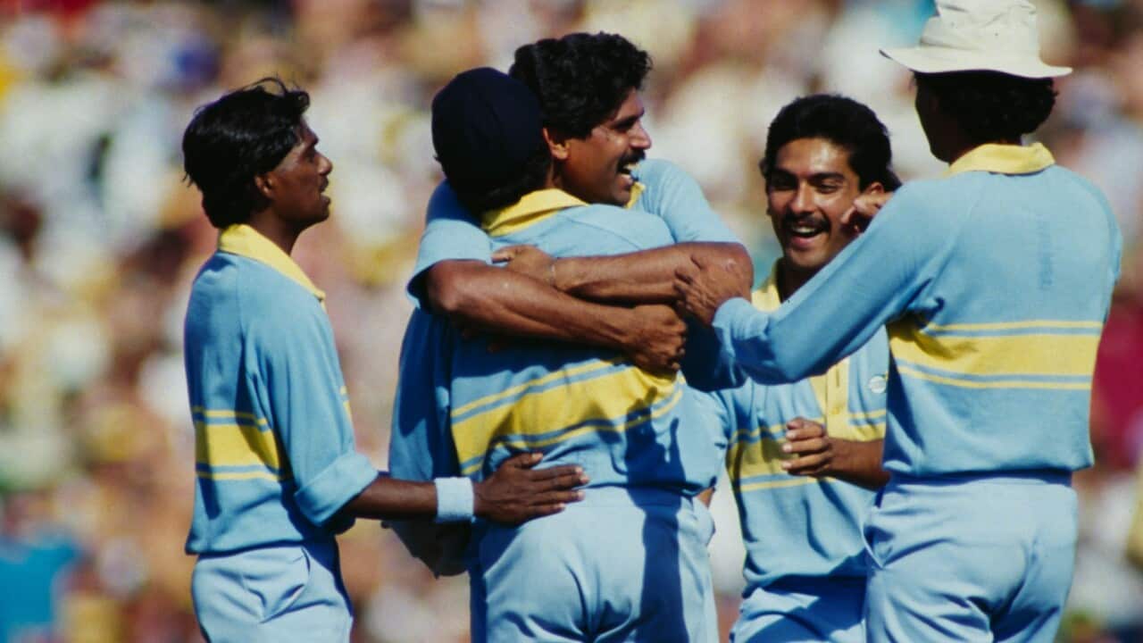 Members of the Indian cricket team celebrate during a match against Pakistan at Melbourne during the World Championship of Cricket One Day International tournament, Australia, 20th February 1985. India won the match by 6 wickets
