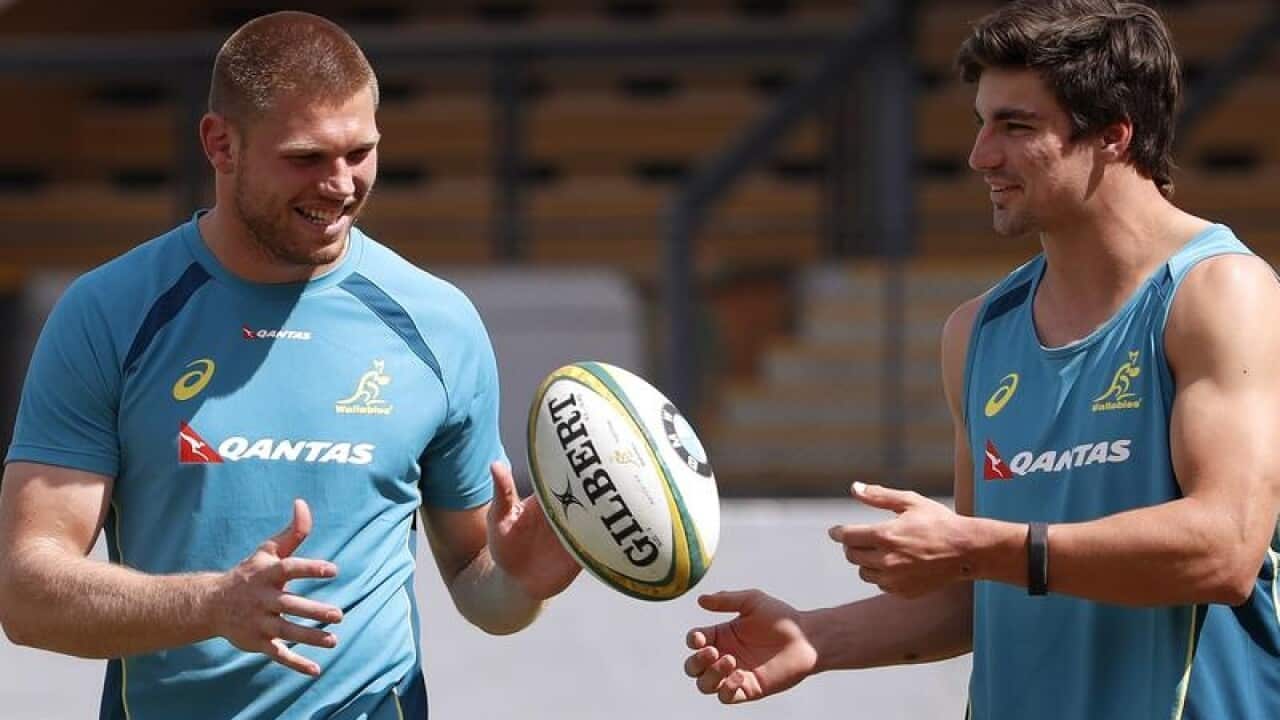 Blake Enever with Wallabies teammate Jack Maddocks.