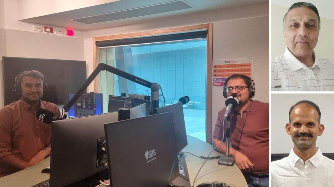 Gujarati program team members Vatsal Patel (L), Sushen Desai (R) and long-time listeners Dipakbhai Mankodi and Vrajeshbhai Savaliya