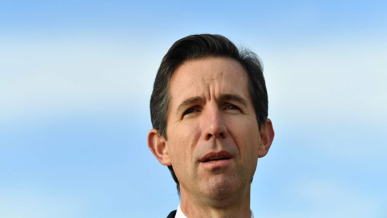 Federal Minister for Trade Simon Birmingham speaks to the media during a press conference before the first international freight flight leaves Adelaide Airport in Adelaide, Wednesday, May 6, 2020. (AAP Image/David Mariuz) NO ARCHIVING