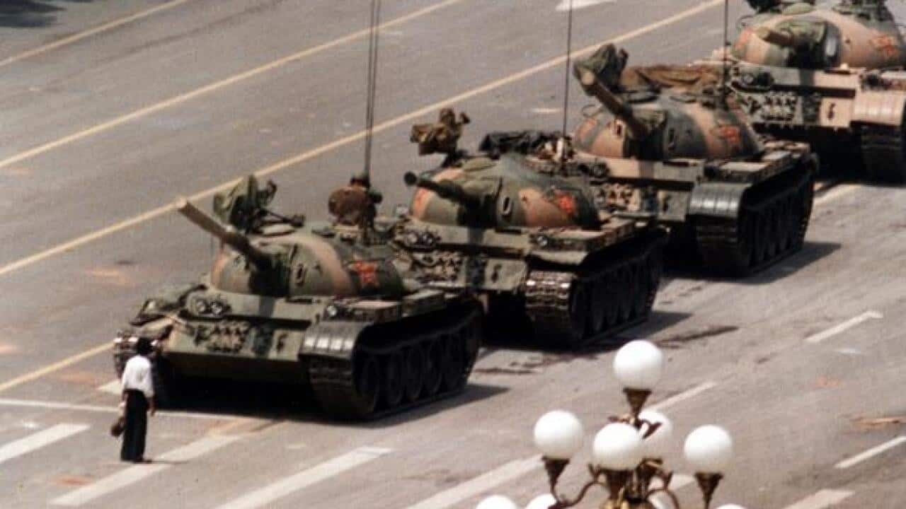 ‘Tank Man’ faces off with the PLA in Tiananmen Square.