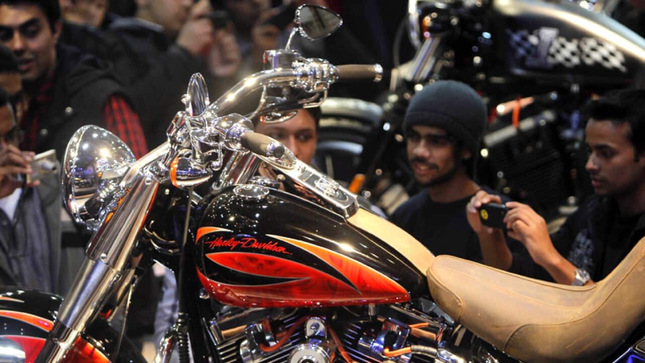 A Harley Davidson motorcycle on display during an expo in New Delhi
