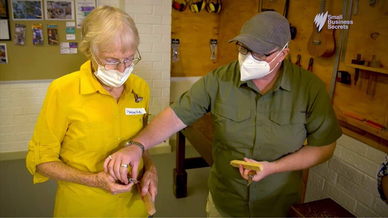 Isabelle McLellan gets some woodworking tips