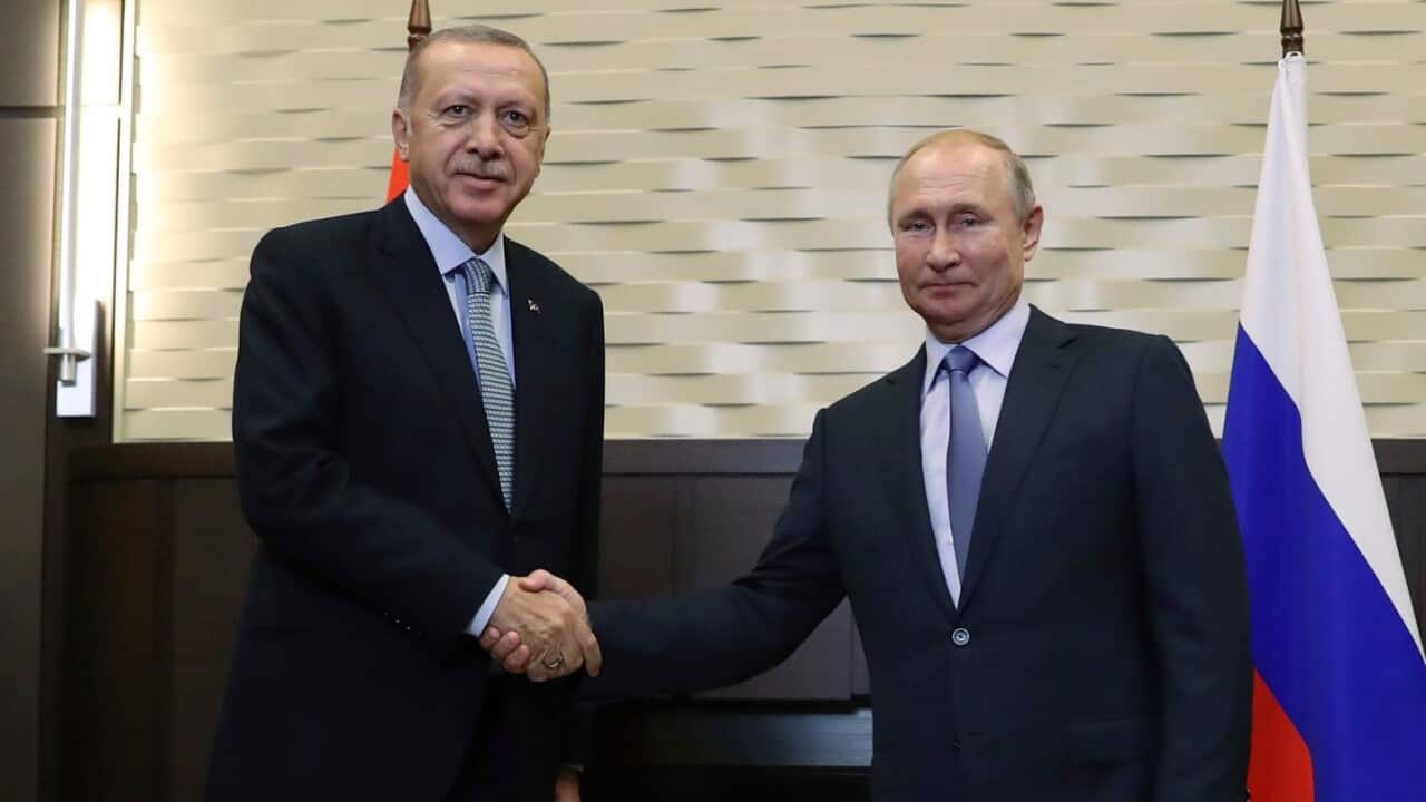 Russian President Vladimir Putin and Turkish President Recep Tayyip Erdogan shake hands