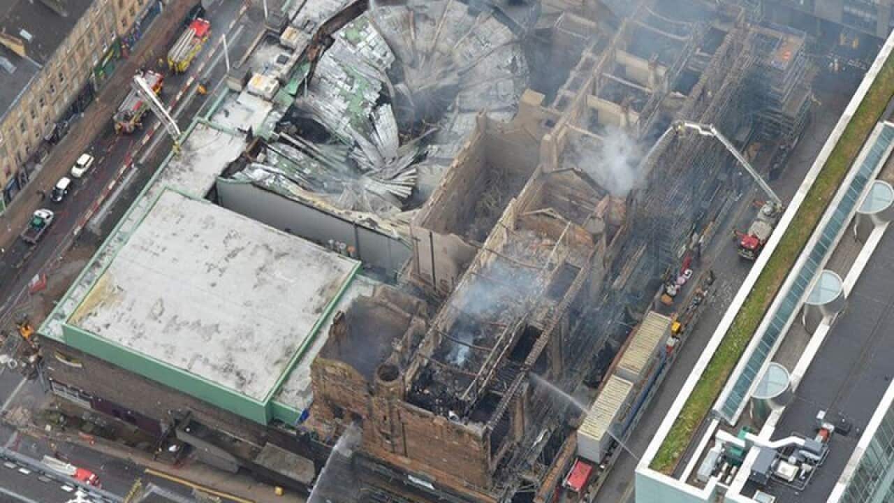 Aerial photograph of damaged Mackintosh Building in Glasgow