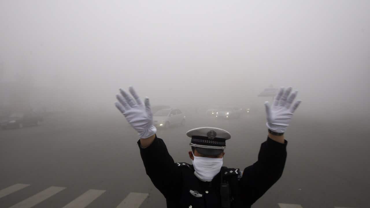 A policeman gestures as he works on a street in heavy smog in Harbin, northeast China's Heilongjiang province, on October 21, 2013.