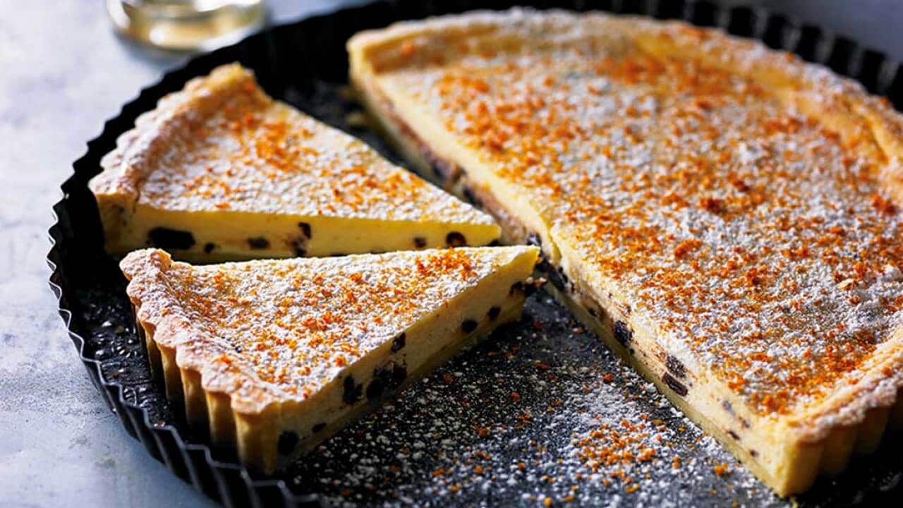 Ricotta, orange, chocolate and pastis tart