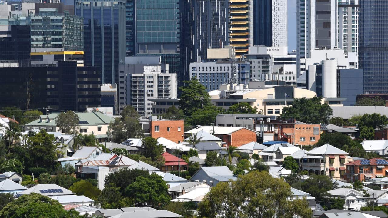 The roofs of houses and a city skyline.
