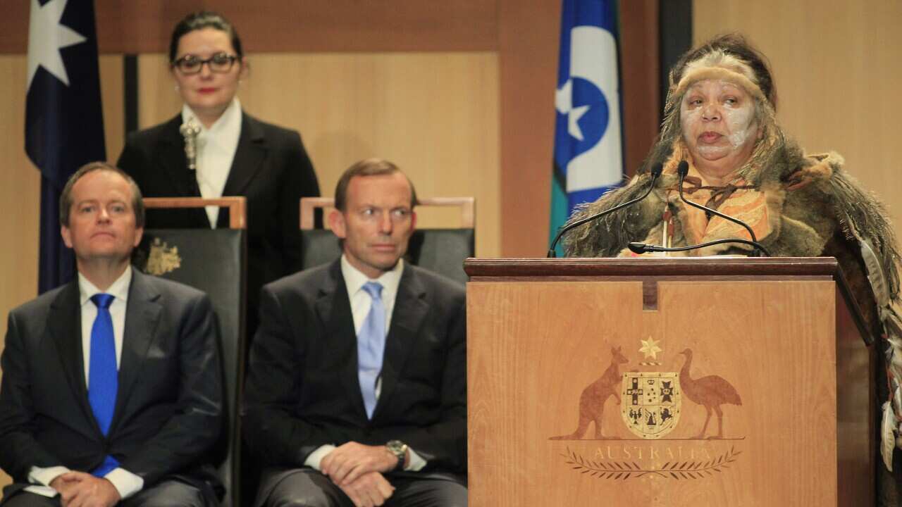 Aboriginal Elder Matilda House (R) speaks and Prime Minister Tony Abbott (c) and Opposition Leader Bill Shorten listen as the 44th parliament commences AAP.jpg