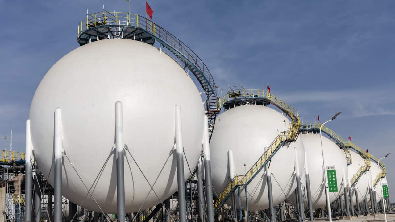 Storage tanks at the construction site of China's first solar green hydrogen pilot project
