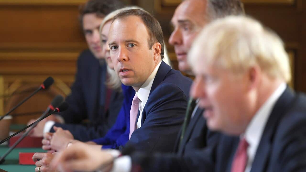 Britain's Secretary of State for Health Matt Hancock attends a Cabinet meeting of senior government ministers at the Foreign and Commonwealth Office FCO in London, Tuesday Sept. 1, 2020. (Toby Melville/Pool via AP)