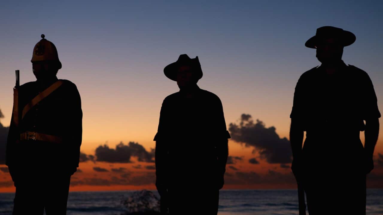 Members of the Albert Battery prepare to shoot a volley of fire during the ANZAC dawn service at Currumbin Surf Life Saving Club. (AAP)