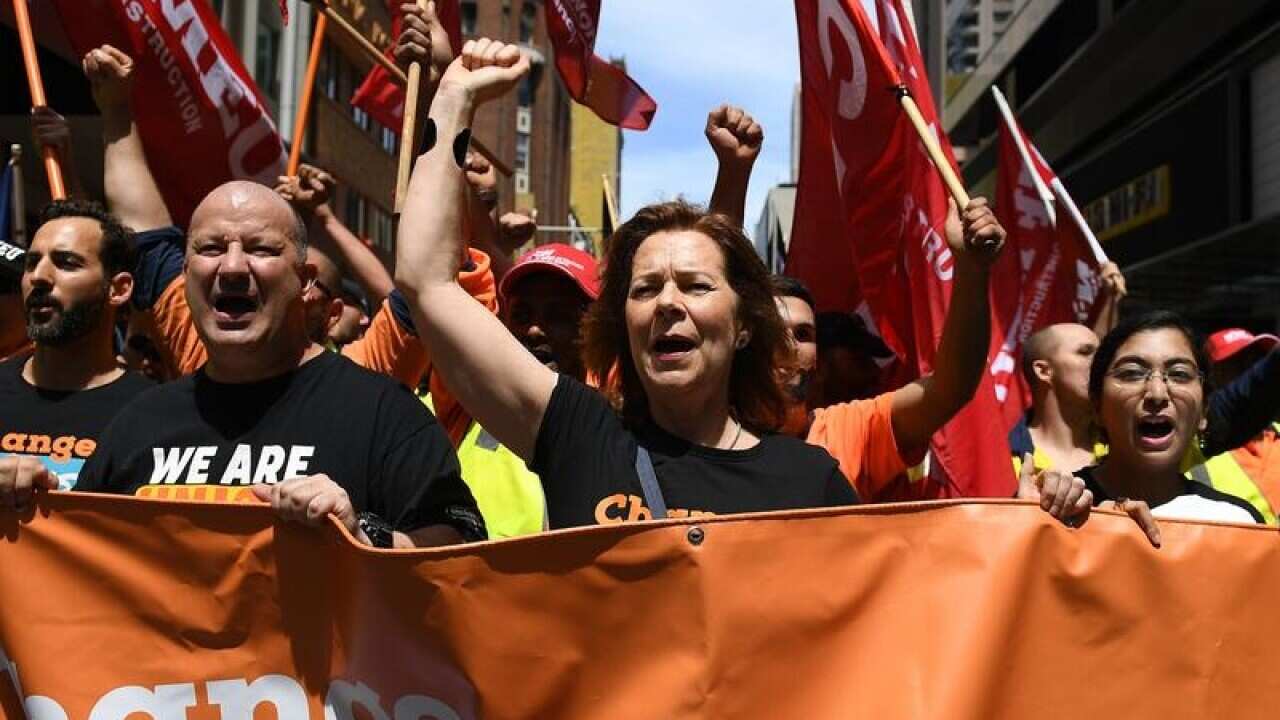 ACTU president Michele O'Neil leading a rally in Sydney