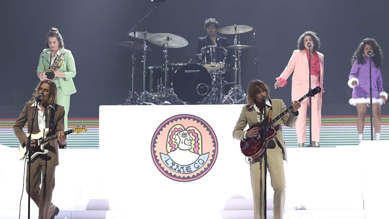 SYDNEY, AUSTRALIA - NOVEMBER 24: In this image released on November 25, Louis Leimbach and Oli Leimbach of Lime Cordiale perform at the 2020 ARIA Awards at The Star on November 24, 2020 in Sydney, Australia