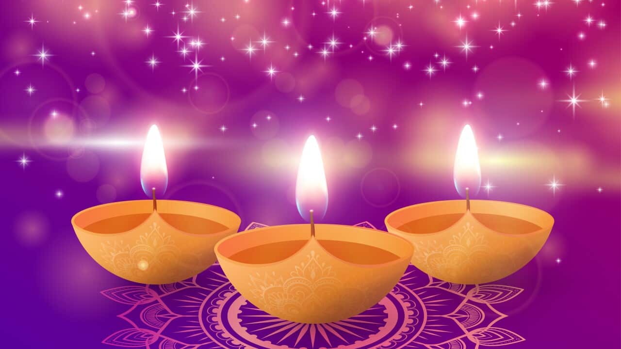 Shiny background with oil lamps for Diwali Festival of lights decoration.