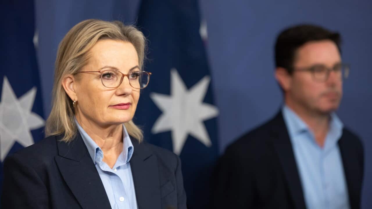 A woman speaks at a press conference with a man seen standing in the background.