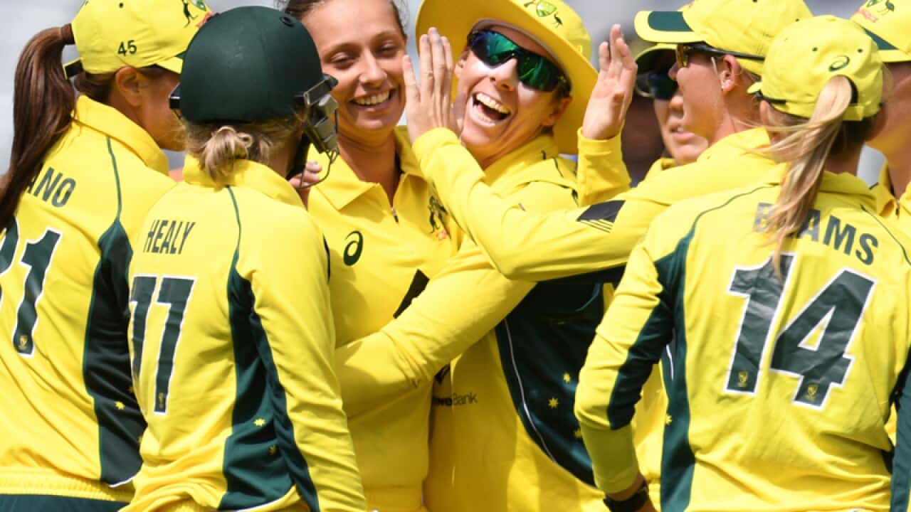 Ashleigh Gardner of Australia celebrates with Elise Villani