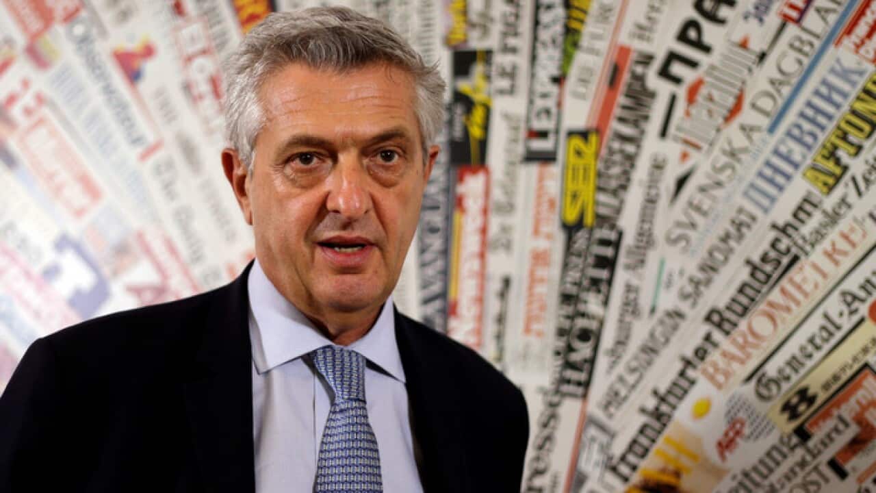 UN High Commissioner for Refugees Filippo Grandi meets the journalists at the foreign press club in Rome, Friday, Sept. 14, 2018. (AP Photo/Gregorio Borgia)