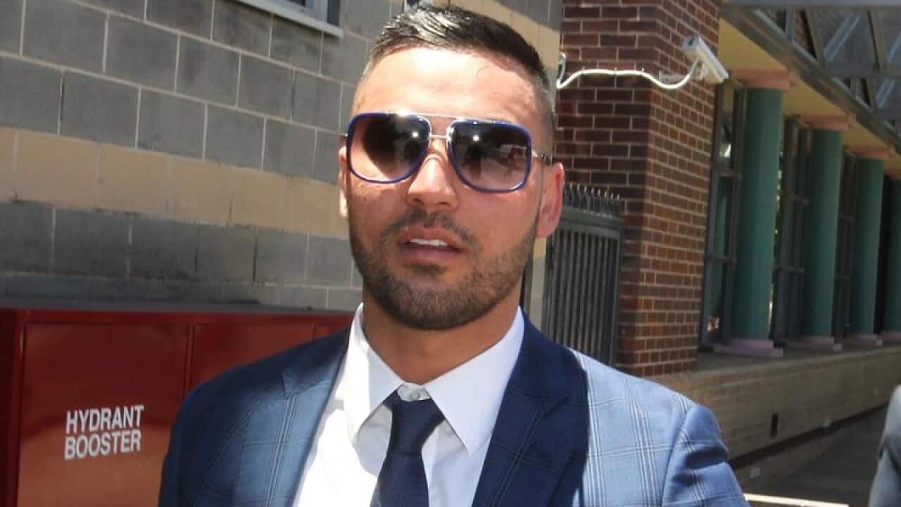 A file image of Salim Mehajer leaving Burwood Local Court in Sydney.