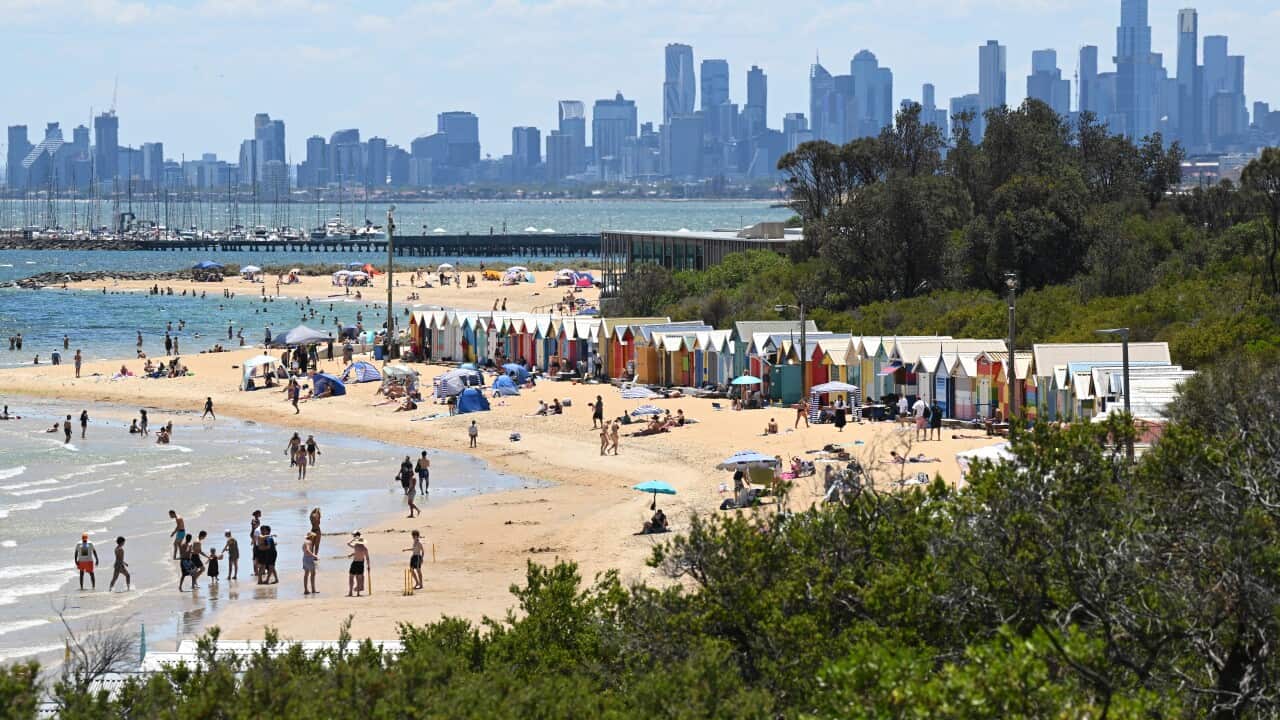 View of people at a beach with a city skyline in the background