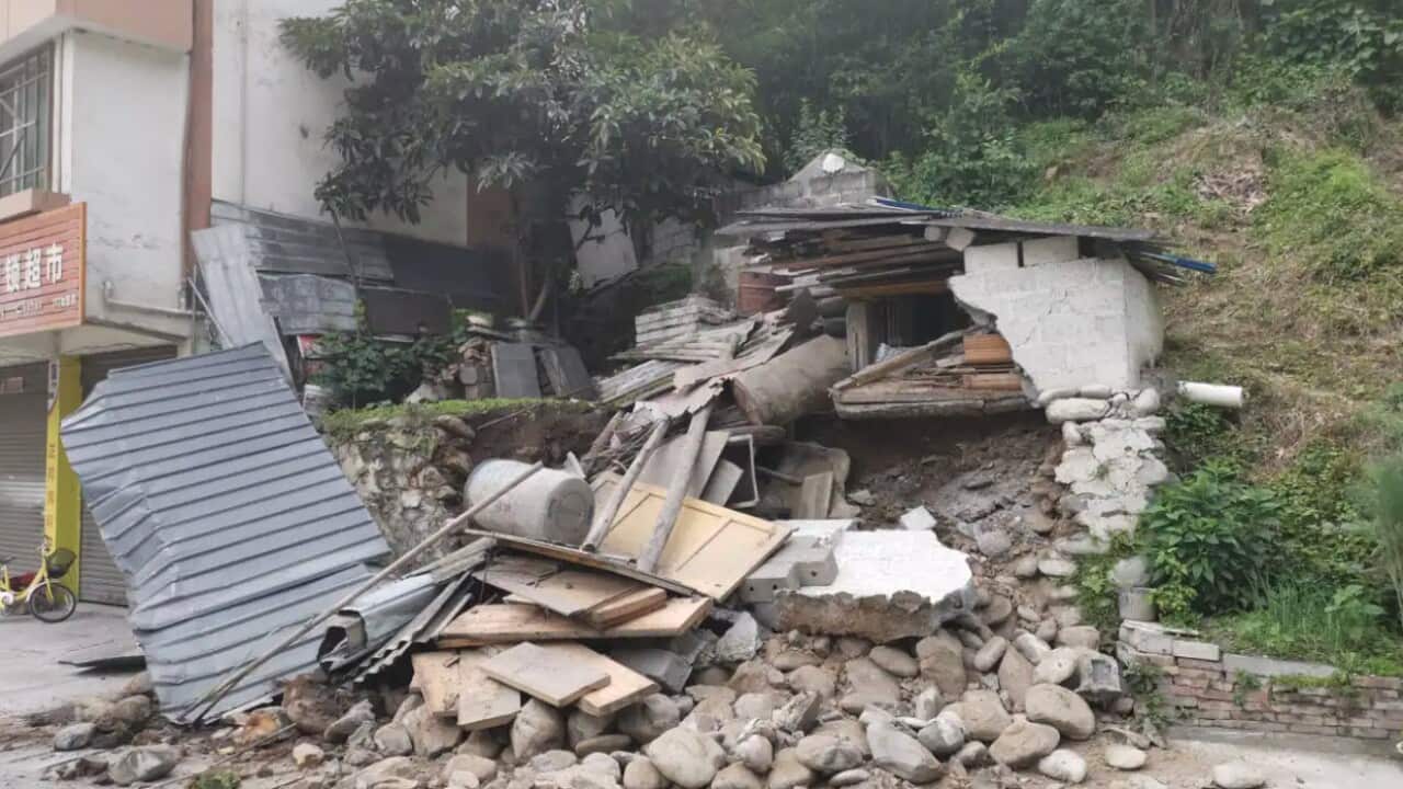 A collapsed house is seen on 1 June, 2022 in Lushan County, Ya an City, Sichuan Province of China. A 6.1-magnitude earthquake jolted Lushan county on Wednesday afternoon