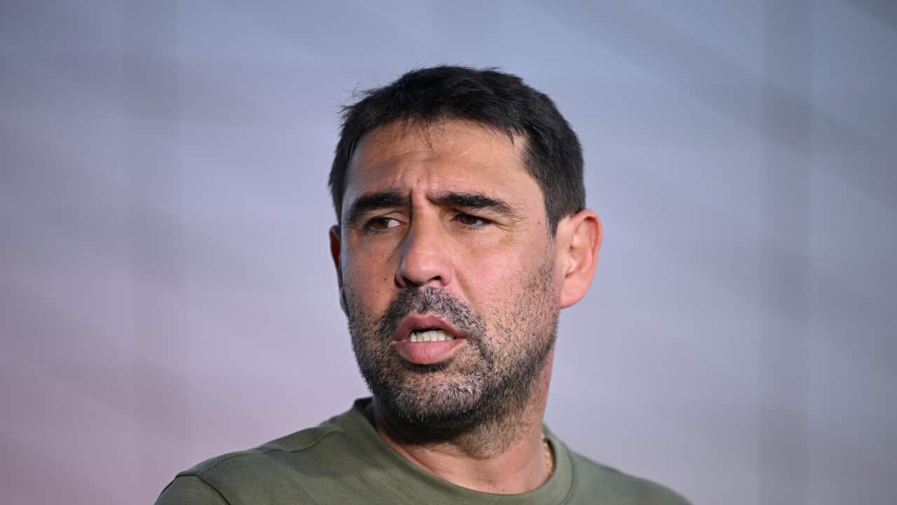 Former Cyprus tennis player Marcos Baghdatis is seen during a media event on day 9 of the 2026 Australian Open tennis tournament at Melbourne Park in Melbourne, Monday, January 26, 2026