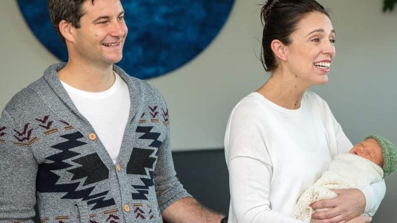 Clarke Gayford, Jacinda Ardern with baby Neve.