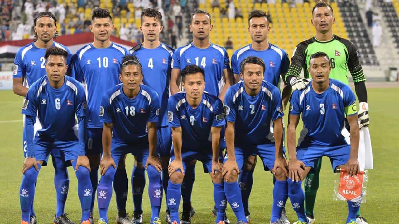 Nepali football team participating in the SAFF Games 2018.