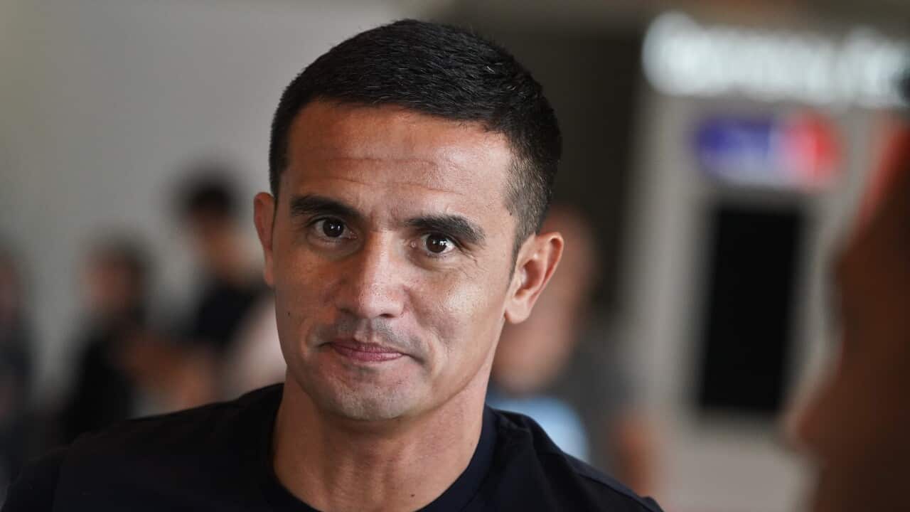 Australian soccer player Tim Cahill speaks to media at Sydney Domestic Airport, Sydney, Australia, Sunday, November 18, 2018. (AAP Image/Ben Rushton) NO ARCHIVING