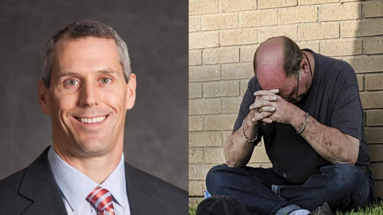 Texan politician Matt Schaefer / a man praying outside of the Medical Center Hospital Emergency room in Odessa