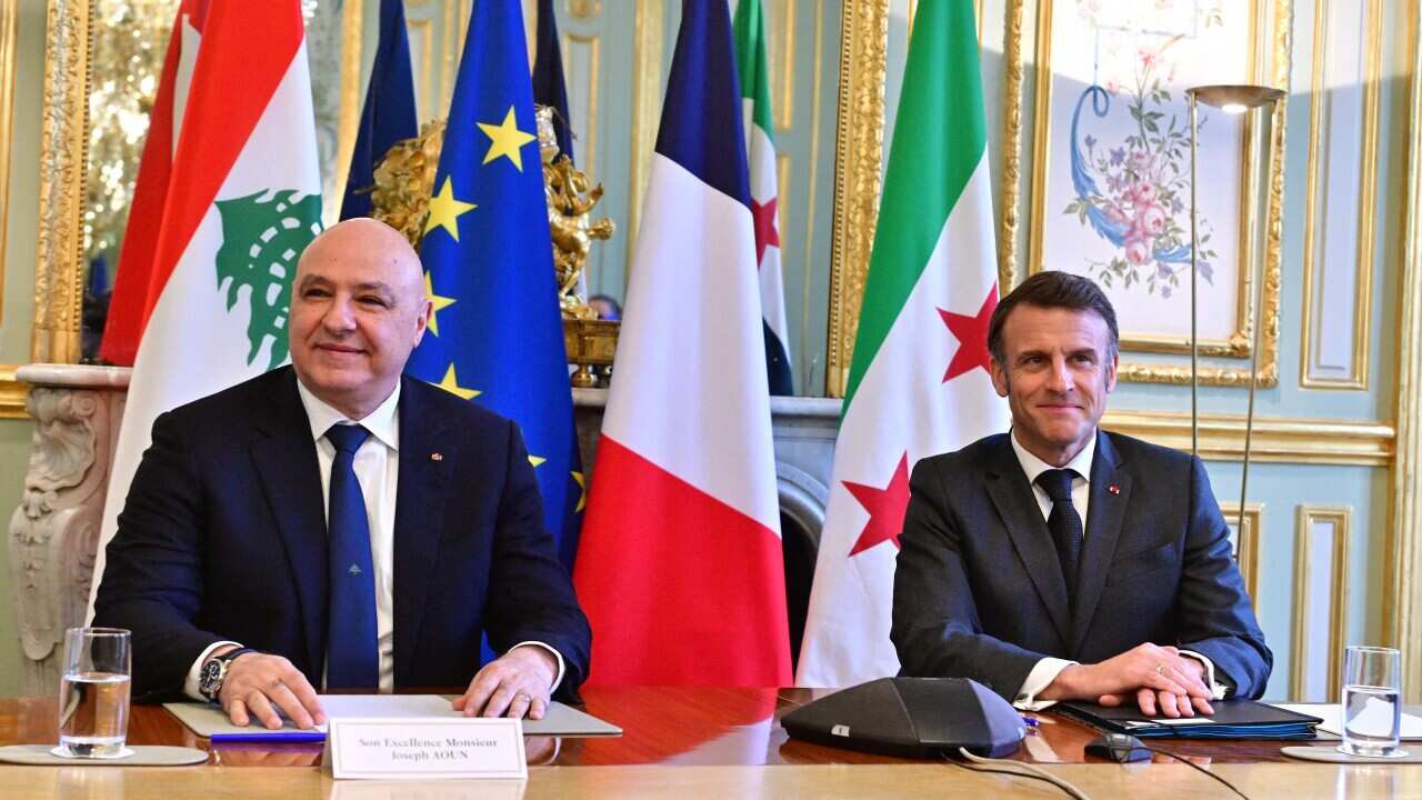 Emmanuel Macron - Joseph Aoun Press Conference at Elysee Palace - Paris
