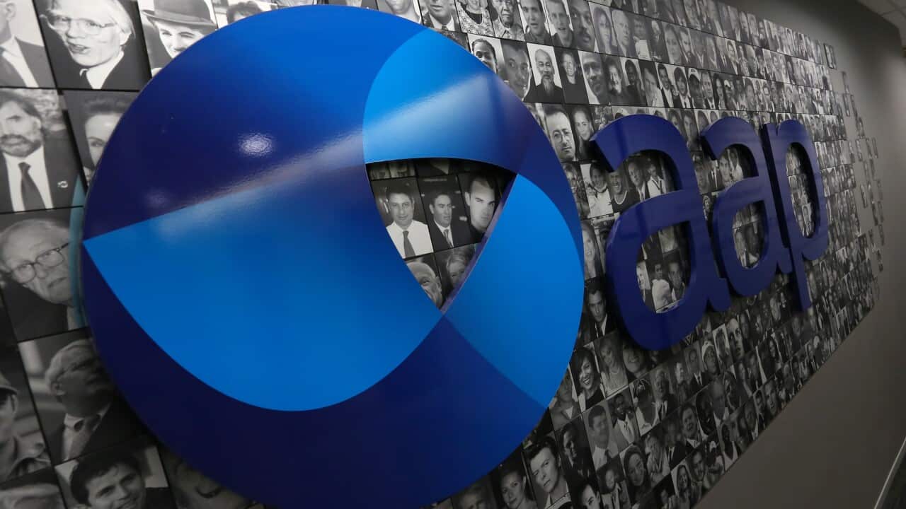 The logo of Australian Associated Press is seen in it's Rhodes headquarters in Sydney, Tuesday, March 3, 2020. (AAP Image/Danny Casey) NO ARCHIVING