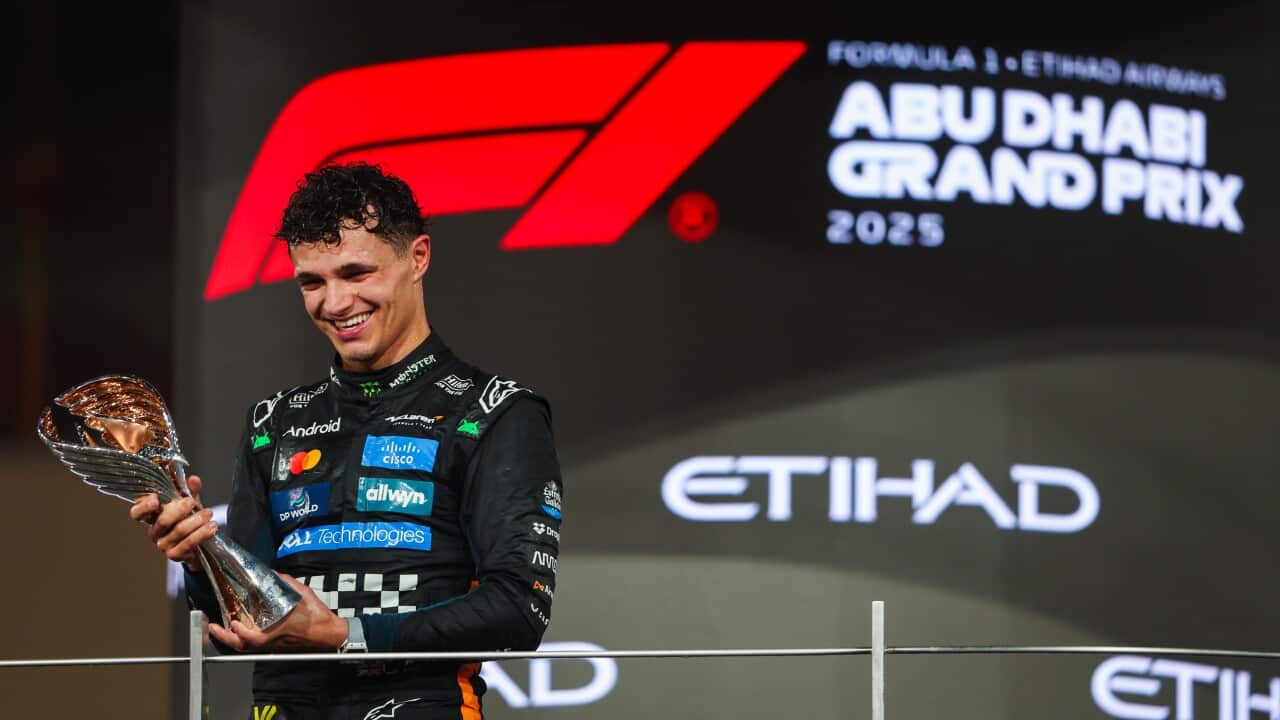 McLaren F1 driver Lando Norris at the podium after the 2025 Formula 1 Abu Dhabi Grand Prix, December 07, 2025