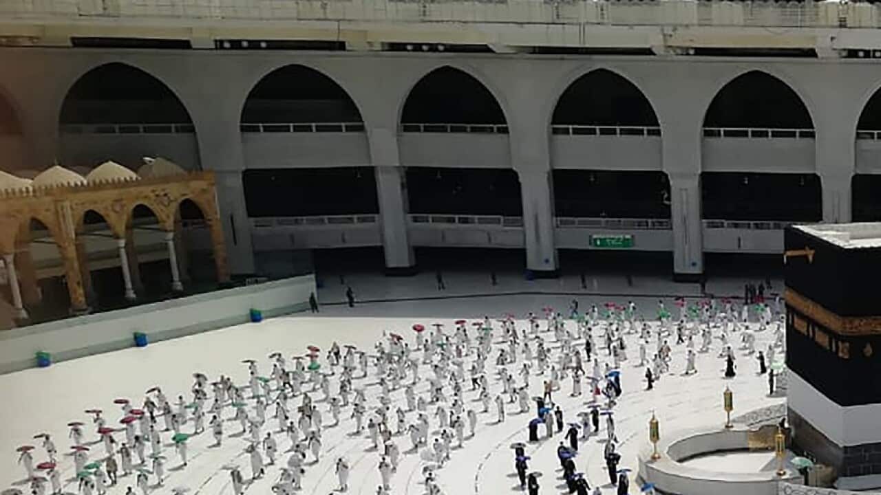 Hundreds of Muslim pilgrims circumambulate around the Kaaba