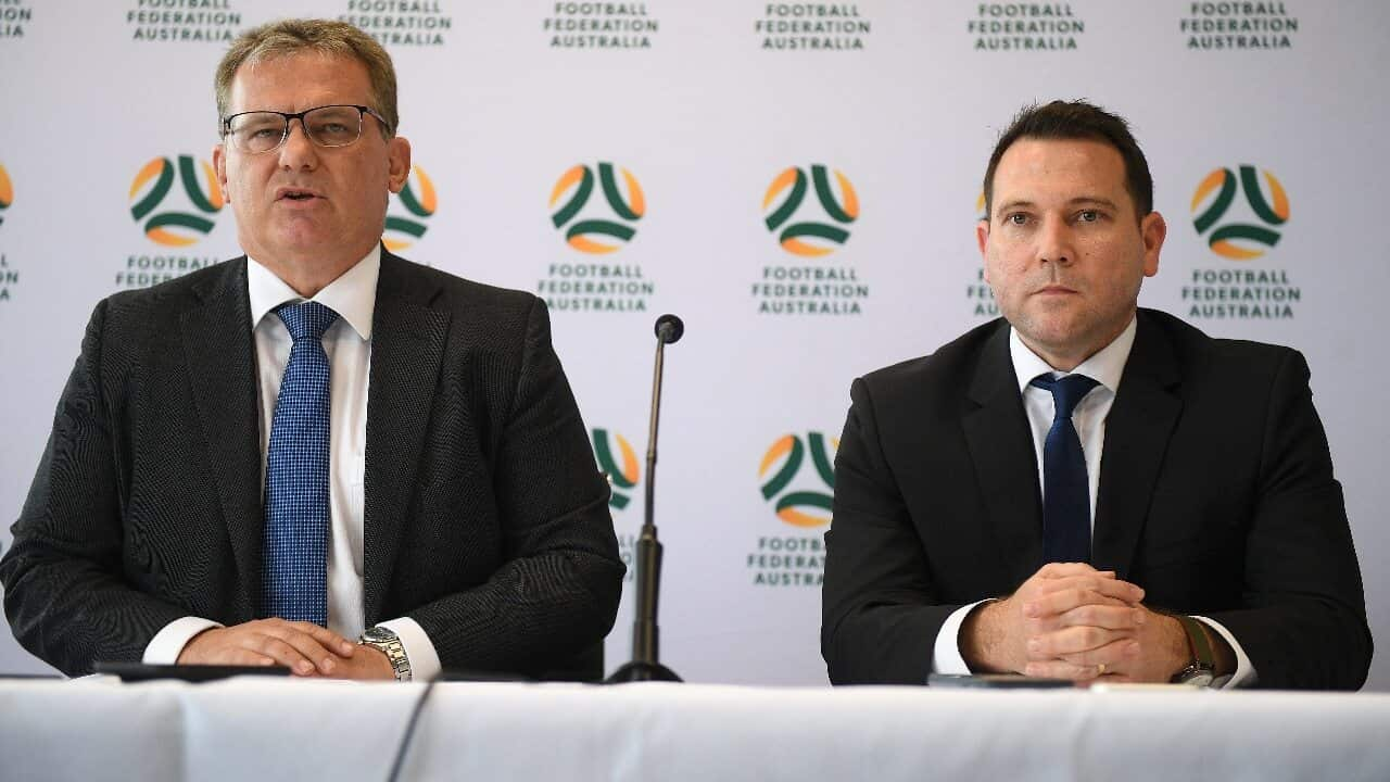 FFA chairman Chris Nikou and FFA CEO James Johnson address the media